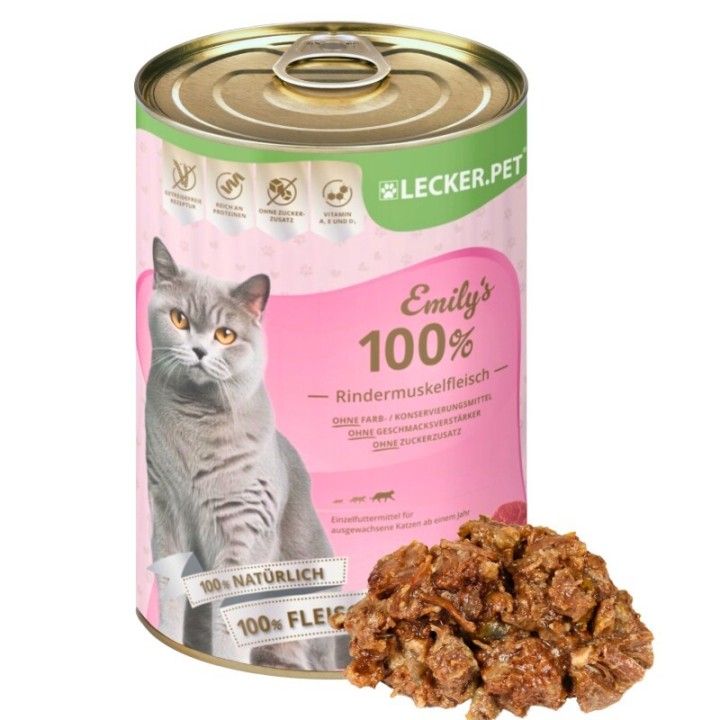 Lyra Pet Lecker.Pet Emily's 100 % Rindermuskelfleisch Katzenfutter Nassfutter 24x400 g