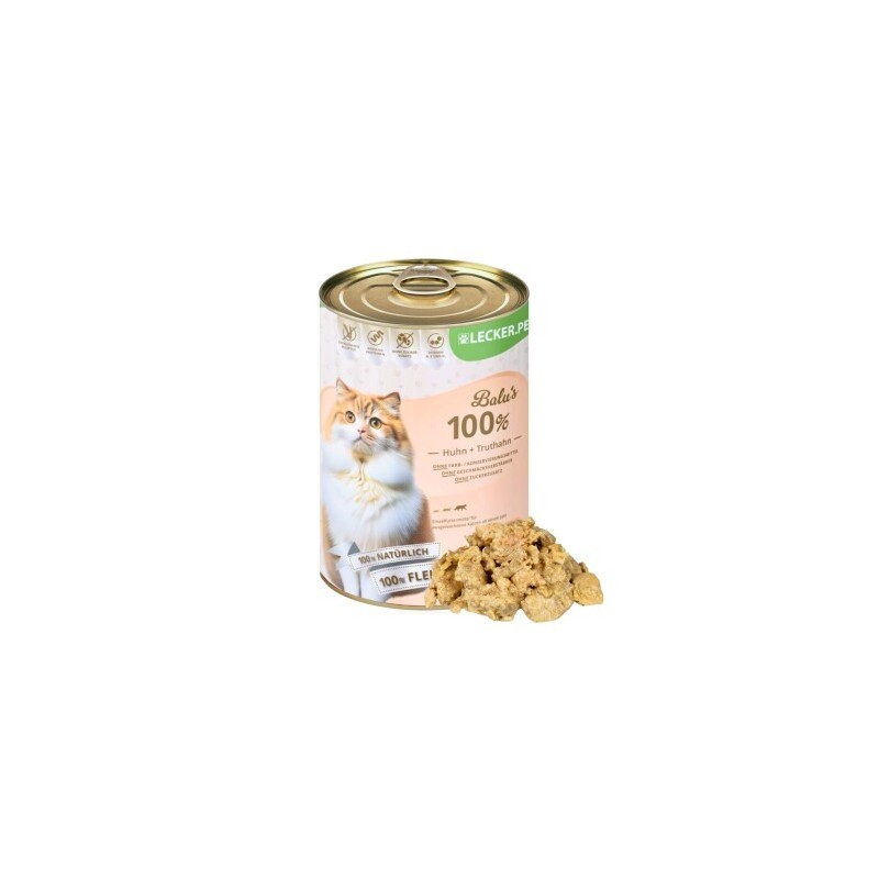 Lyra Pet Lecker.Pet Balu's 100 % Huhn und Truthahn Katzenfutter Nassfutter 18x400 g