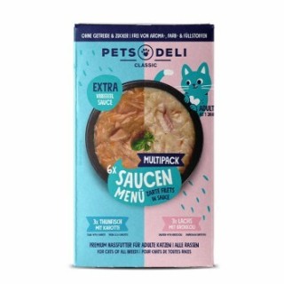 Pets Deli Nassfutter Katze Adult Saucen Menü Multipack Lachs, Thunfisch 6x70g
