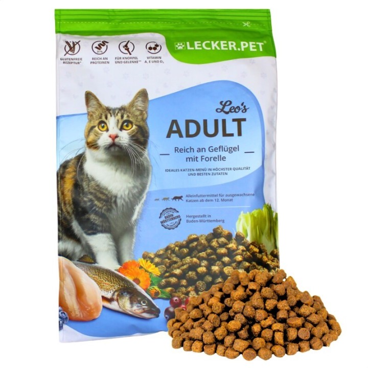 Lyra Pet Lecker.Pet Leo's Adult Geflügel & Forelle Katzenfutter Trockenfutter Vollnahrung 2,5 kg