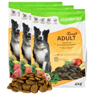 Lyra Pet Lecker.Pet Luna's Adult Strauß mit Kartoffel & Apfel Hundefutter Trockenfutter Vollnahrung 12 kg