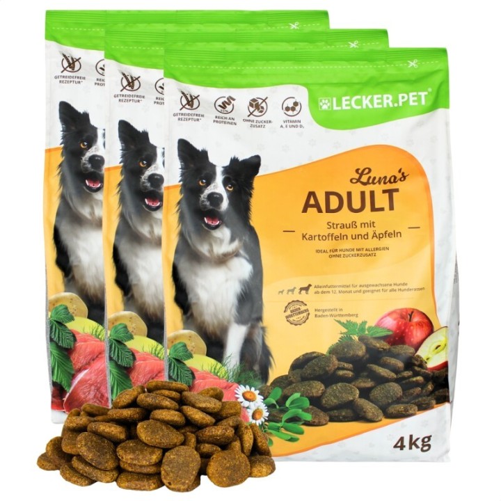 Lyra Pet Lecker.Pet Luna's Adult Strauß mit Kartoffel & Apfel Hundefutter Trockenfutter Vollnahrung 12 kg