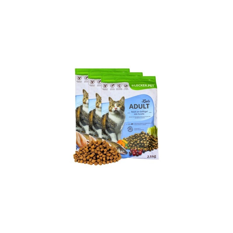 Lyra Pet Lecker.Pet Leo's Adult Geflügel & Forelle Katzenfutter Trockenfutter Vollnahrung 7,5 kg