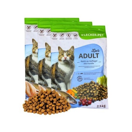 Lyra Pet Lecker.Pet Leo's Adult Geflügel & Forelle Katzenfutter Trockenfutter Vollnahrung 7,5 kg