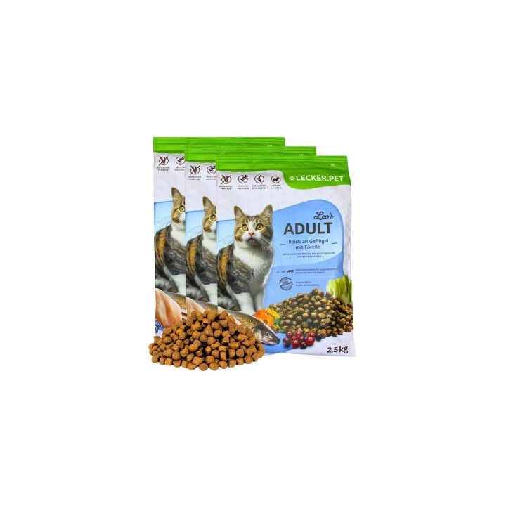 Lyra Pet Lecker.Pet Leo's Adult Geflügel & Forelle Katzenfutter Trockenfutter Vollnahrung 7,5 kg