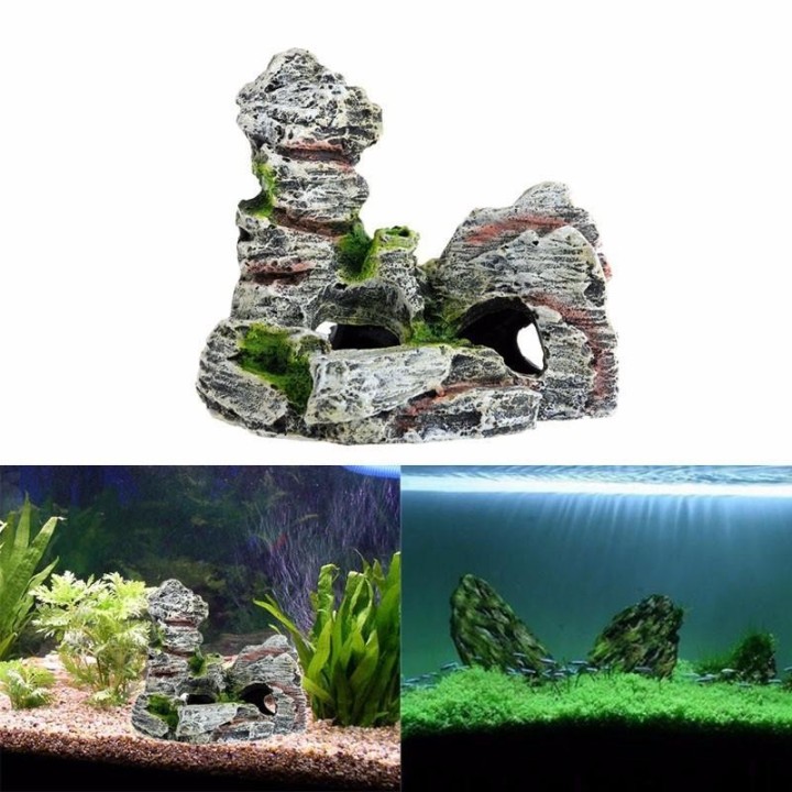Mini-Deko-Aquarium mit grünem Gras und Fischen, Deko-Aquarium-Zubehör aus Kunstharz, Aquarium-Harzhöhle, Mountain View-Deko