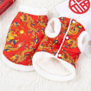 Haustiermantel, Plüschrand, Knopfdesign, chinesischer Stil, Drachenmuster, Hunde-Winterweste für Frühlingsfest, Neujahr S