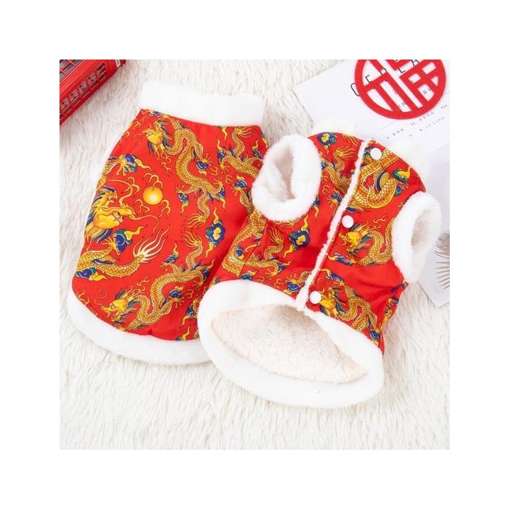 Haustiermantel, Plüschrand, Knopfdesign, chinesischer Stil, Drachenmuster, Hunde-Winterweste für Frühlingsfest, Neujahr S