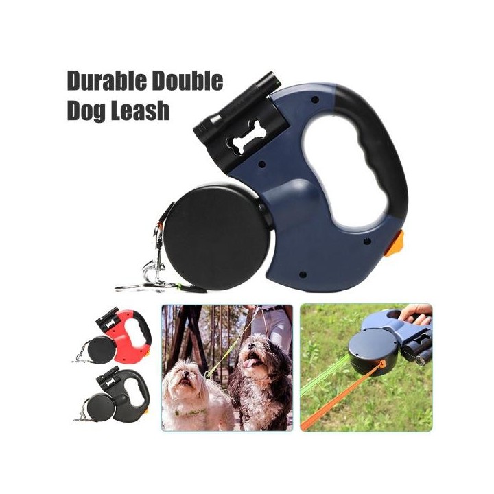 Einziehbare Hundeleine für 2 Hunde, verwicklungsfreies Hunde-Laufband mit Taschenlampe, doppelte Hunde-Trainingsleine für mit