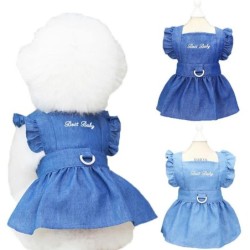 Hundekleid für Frühling und Sommer für kleine Kätzchen, Hundekleidung, Welpenbuchstaben, bestickte Jeansträgerkleider, Chihua