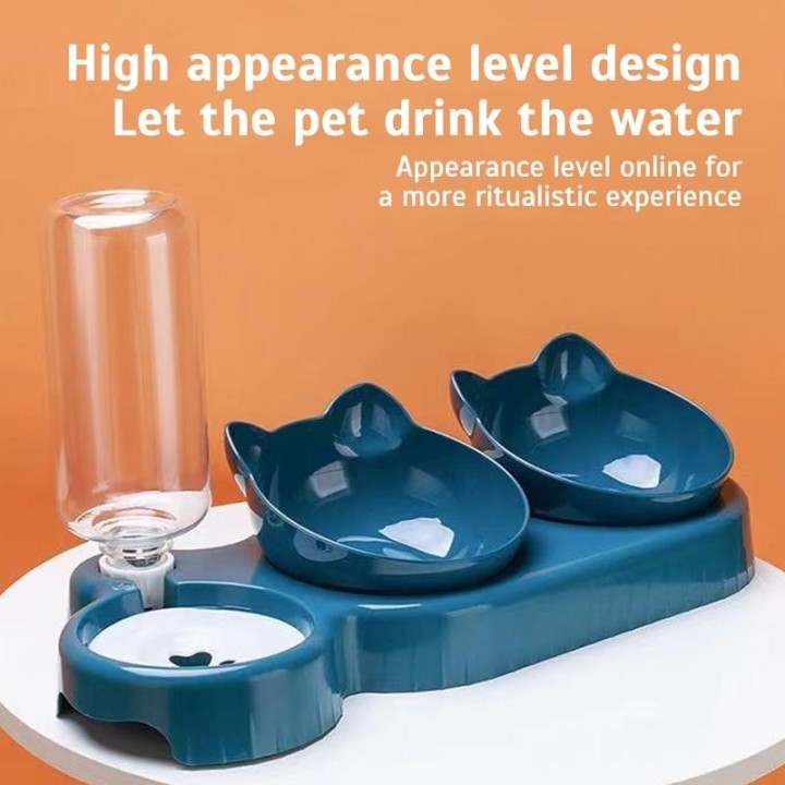 Dreifacher Katzennapf, Futterautomat für Haustiere, 2-in-1-Doppelnäpfe mit automatischer Trinkflasche, neigbares und drehbare