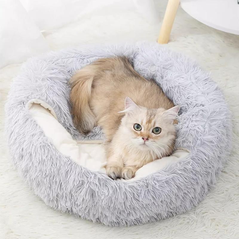 Katzenbetten Waschbare, weiche Haustierhütte für den Winter, verdickter, warmer Donut, rundes Haustier-Plüschnest, bequemes S