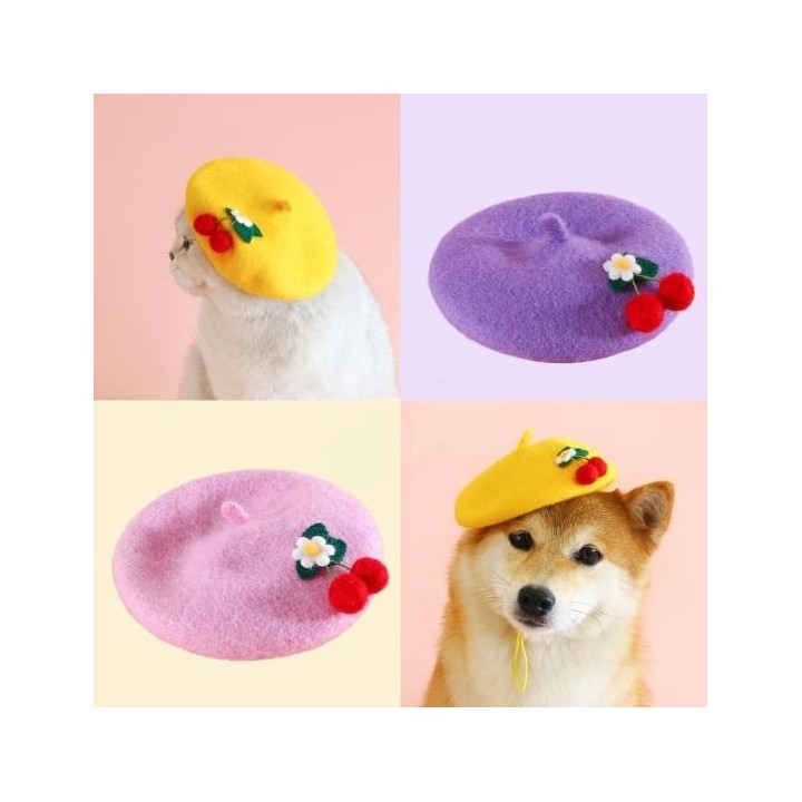 Haustierhut, Baskenmütze, Filz, Kirsche, niedliches Design, Wollstoff, verstellbare Schnalle, Winter-Kopfbedeckung, Fotografi