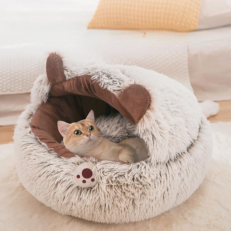 Winter Langes Plüsch-Haustier-Katzenbett Rundes Katzenkissenhaus 2 in 1 Warmer Korb Schlafsack Nest Zwinger für kleine Hunde