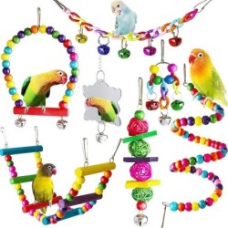 7-teiliges Set aus Holz für Papageien, Vogelspielzeug, Käfig, Vogelzubehör, Schaukel, Hängebrücke, Ball, Käfigglocken, Heimti
