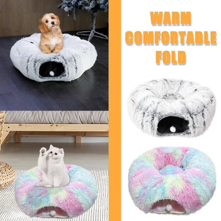 Katzentunnelbett, Haustierspielplatz, Spielzeug, weiches Plüschmaterial, Vollmondform, geeignet für kleine Katzen One Size