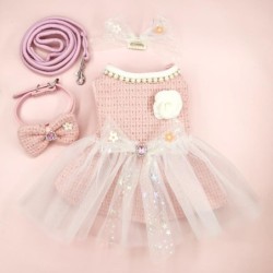 Haustier Rosa Wollkleid Mantel Prinzessin Mesh Schleife Kleid Katze Kleidung Haustier Set Welpen Kleidung Herbst/Winter Rosa