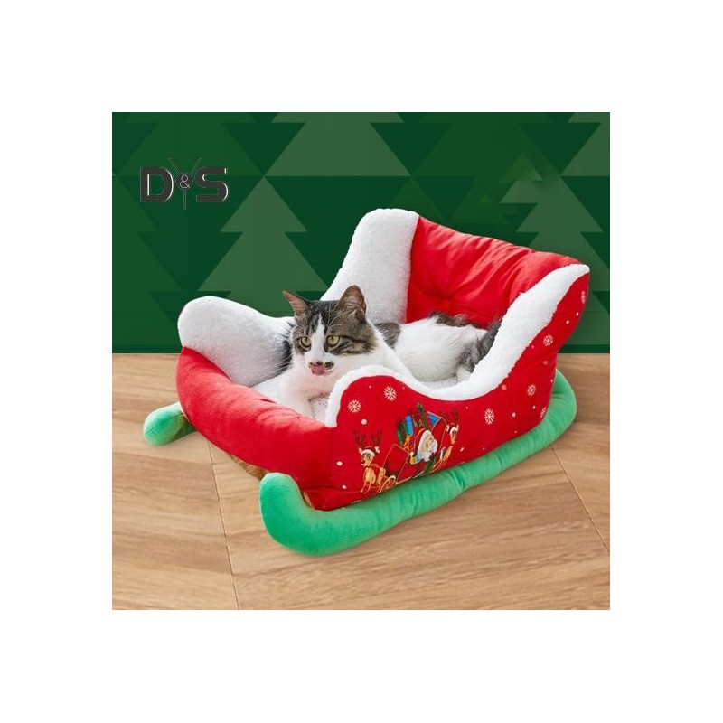 Weihnachts-Hundebett, rotes Weihnachtsschlitten-Haustierbett aus Plüsch, für drinnen und draußen, Hundesofabett, waschbar, we