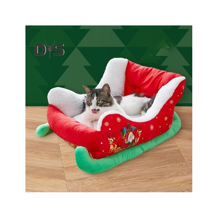 Weihnachts-Hundebett, rotes Weihnachtsschlitten-Haustierbett aus Plüsch, für drinnen und draußen, Hundesofabett, waschbar, we
