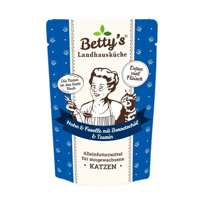 Betty's Landhausküche Frischebeutel Huhn und Forelle mit Borretschöl 12x 100g für Katze