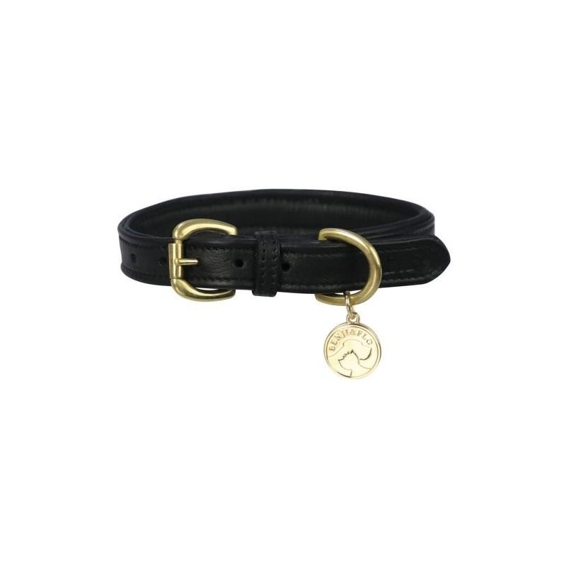 Benji & Flo Deluxe Ledergepolstertes Hundehalsband S- Length: schwarz/messing