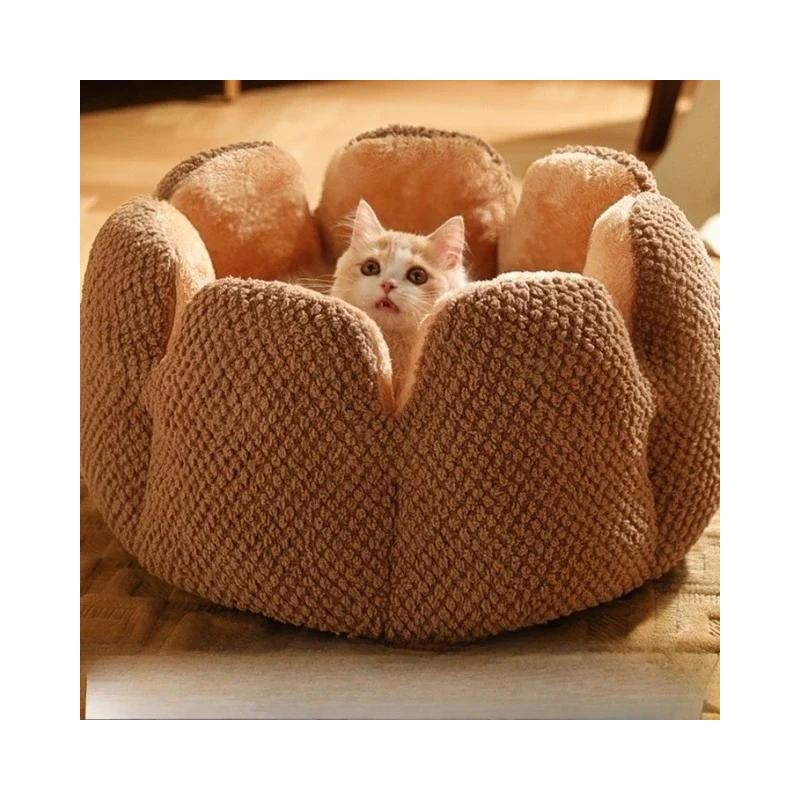 Katzenbett Blütenblattförmiges Winter-warmes Hundebett Zwinger Kätzchenhaus Weicher Plüsch Runder Korb Flauschiges Welpenkiss