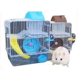 Doppelschichtiger Villa-förmiger Eisendrahtkäfig mit Futternapf, Laufrad, Rutschspielzeug für Haustierhamster 23*17*28cm blau