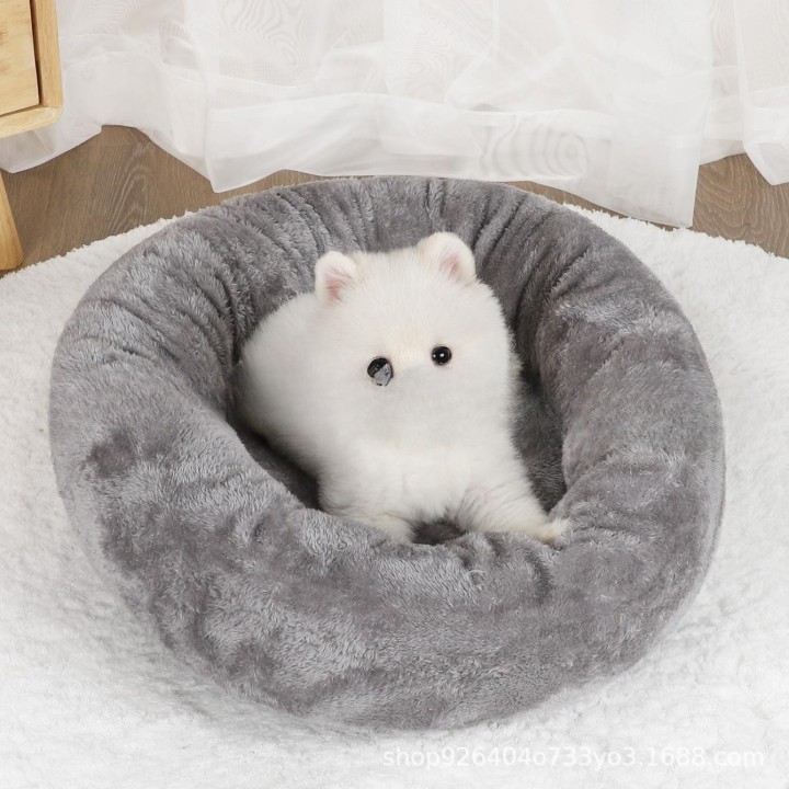 Katzen- und Hundehütte, kurzer Plüsch-Eierkuchen-Haustierzwinger, runder Zwinger aus arktischem Samt, Winter-Heizkissen für k