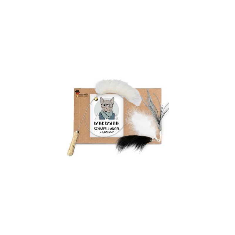 Kater Kasimir Katzenangel-Set mit 4 handgemachten Anhängern aus Naturmaterial