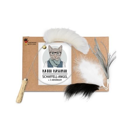 Kater Kasimir Katzenangel-Set mit 4 handgemachten Anhängern aus Naturmaterial