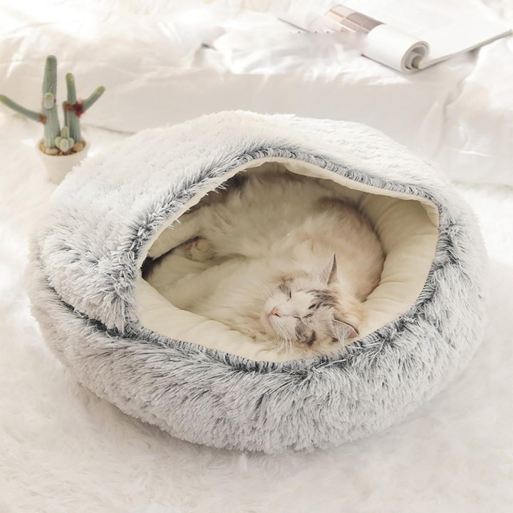 Katzenbett, rund, flauschig, aus Plüsch, Katzenbetthöhle mit Kapuze, gemütlich für Hauskatzen oder kleine Hundebetten, Donut