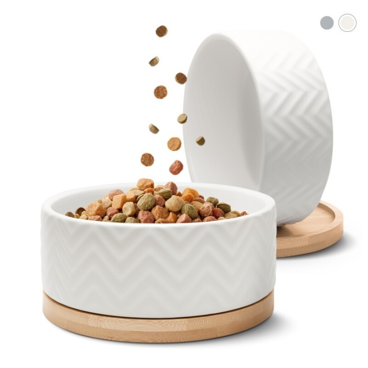 Freudentier Hundenapf aus Keramik mit Bambus-Boden in weiss - 990ml Fassungsvermögen - Spülmaschinenfest