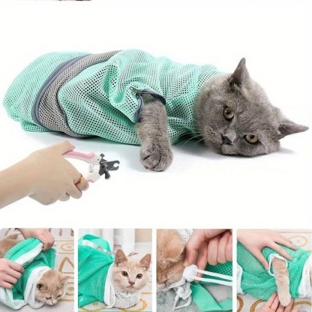 Mesh-Katzenpflege-Badetasche, verstellbare Katzen-Waschbeutel für Haustiere zum Trimmen der Haustiernägel, Injektion, Anti-Kr