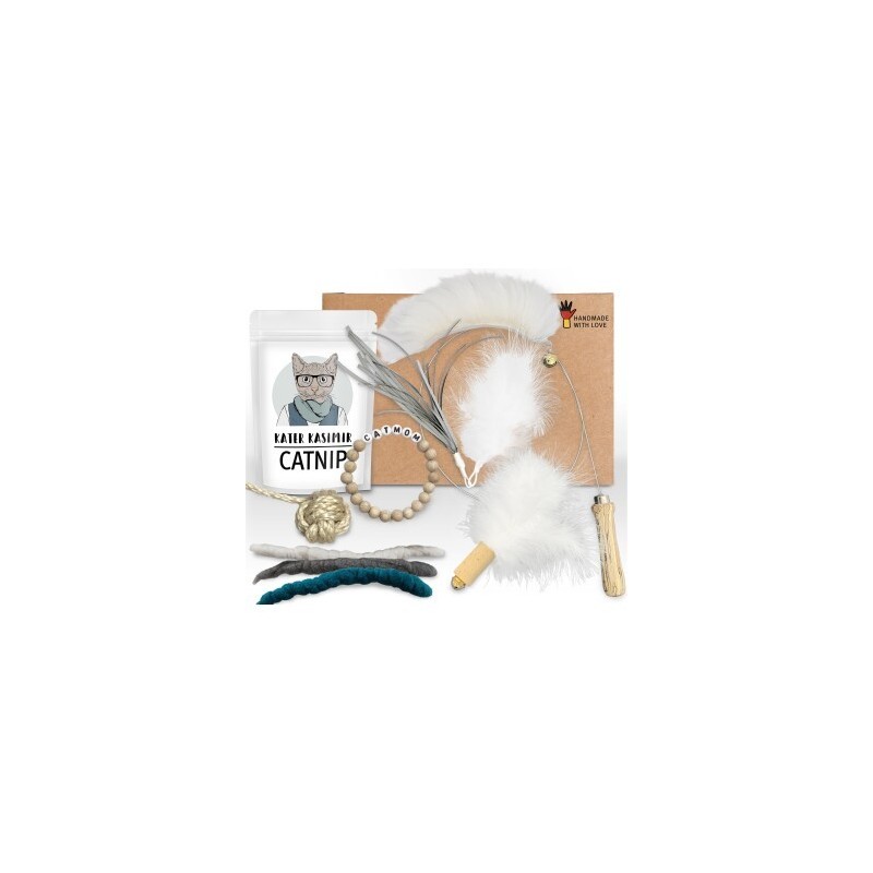 Kater Kasimir "CATMOM" Deluxe Set mit 9 beliebten Katzenspielzeugen aus Naturmaterial und handgemachtem Armband