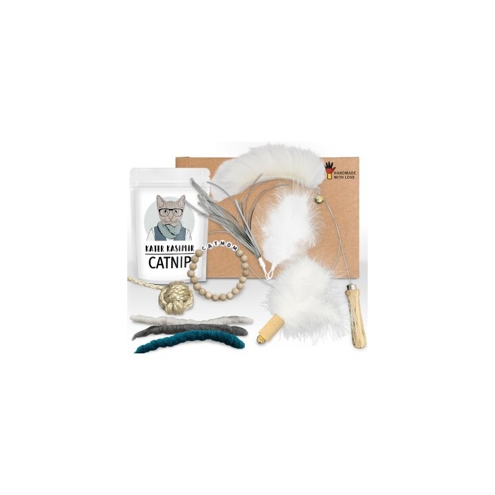 Kater Kasimir "CATMOM" Deluxe Set mit 9 beliebten Katzenspielzeugen aus Naturmaterial und handgemachtem Armband