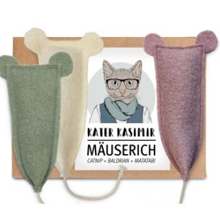 Kater Kasimir 3 x MÄUSERICH - Die XL Spielmaus für Katzen, handgenäht aus reiner Schurwolle mit Katzenminze-, Baldrian- und M