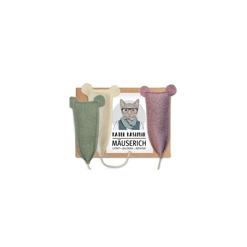 Kater Kasimir 3 x MÄUSERICH - Die XL Spielmaus für Katzen, handgenäht aus reiner Schurwolle mit Katzenminze-, Baldrian- und M
