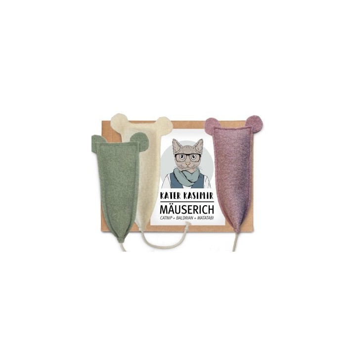 Kater Kasimir 3 x MÄUSERICH - Die XL Spielmaus für Katzen, handgenäht aus reiner Schurwolle mit Katzenminze-, Baldrian- und M