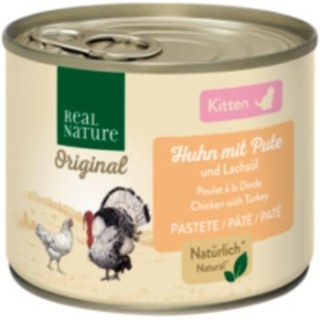 REAL NATURE Original Nassfutter Katze, Kitten, Huhn mit Pute und Lachsöl 12x200 g