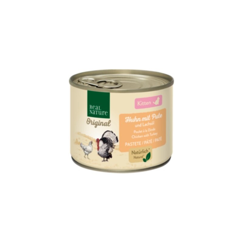 REAL NATURE Original Nassfutter Katze, Kitten, Huhn mit Pute und Lachsöl 12x200 g