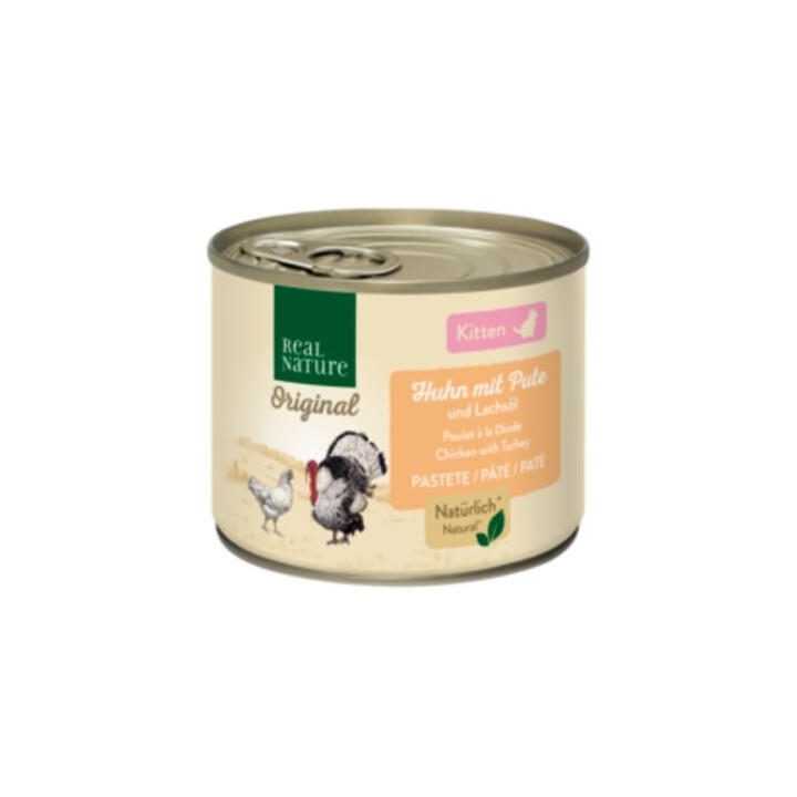 REAL NATURE Original Nassfutter Katze, Kitten, Huhn mit Pute und Lachsöl 12x200 g