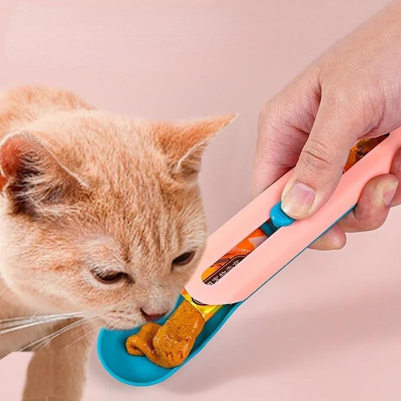 Katzenfutterspender, Katzenstreifen-Quetschlöffel, Haustier-Flüssigkeits-Snacklöffel, Flüssigfütterung, Futterpresse ohne Rüc