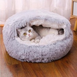 Weiches, rundes Katzenbett aus Plüsch, Haustiermatratze, warmer, bequemer Korb, Katzenhund, 2-in-1-Schlafsacknest für kleine