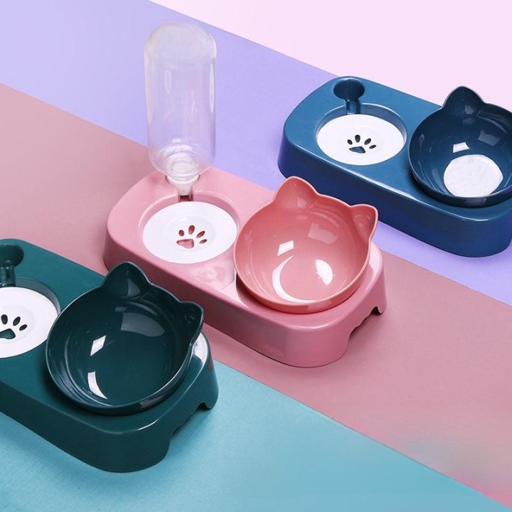 Doppelnapf für Hunde und Katzen mit automatischem Trinkwasserspender pfirsich/rosa