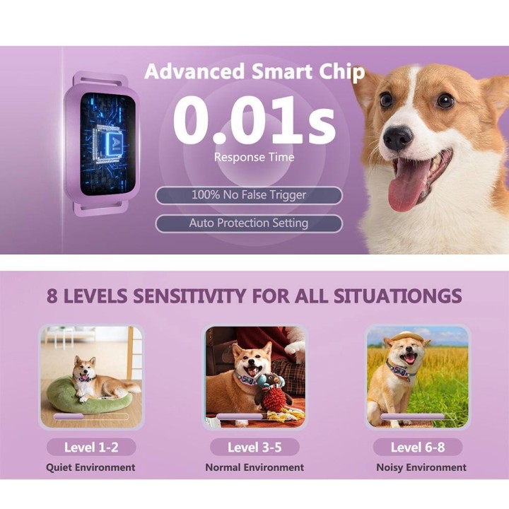 Hundetrainingsgerät, Bellhalsband für Hunde, Farbbildschirm, intelligenter Hundetrainer, wasserdicht, IP67 violett