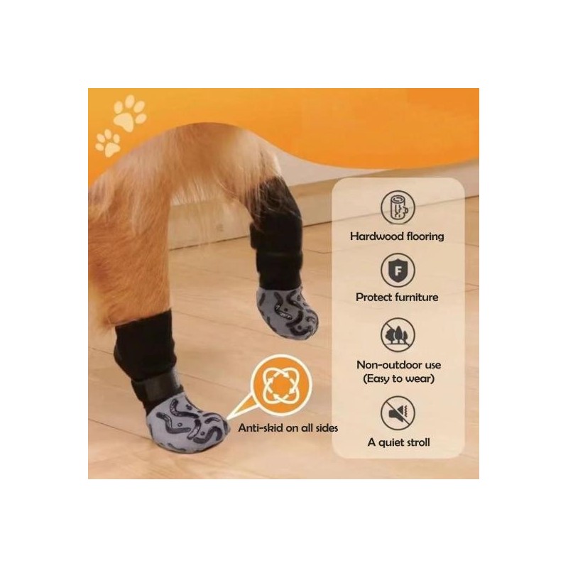 4 Stück rutschfeste Hundesocken mit Silikongreifern, verhindert das Lecken der Pfoten, verstellbarer Riemen XS schwarz