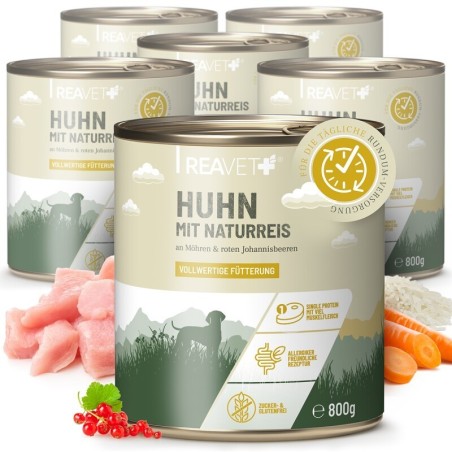 REAVET Hundenassfutter - Huhn mit Naturreis an Möhren & roten Johannisbeeren | 6 x 800g