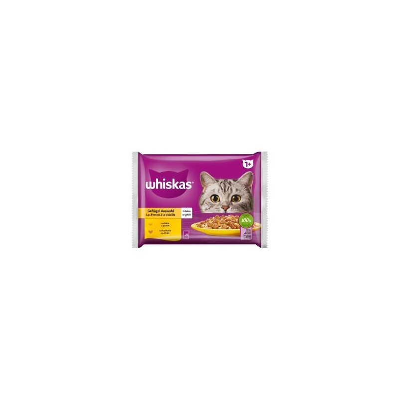 Whiskas Nassfutter Katze Adult 1+, Mixpaket, Geflügel Auswahl, in Gelee 4x85 g