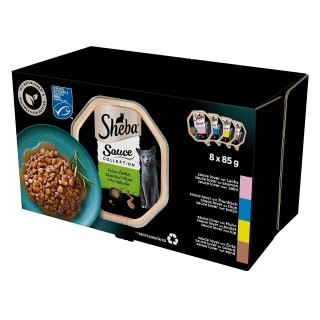 SHEBA Sauce Collection Mix 8x85 g: Nassvollnahrung für adulte Katzen mit Lachs, Thunfisch, Huhn und Ente in Sauce