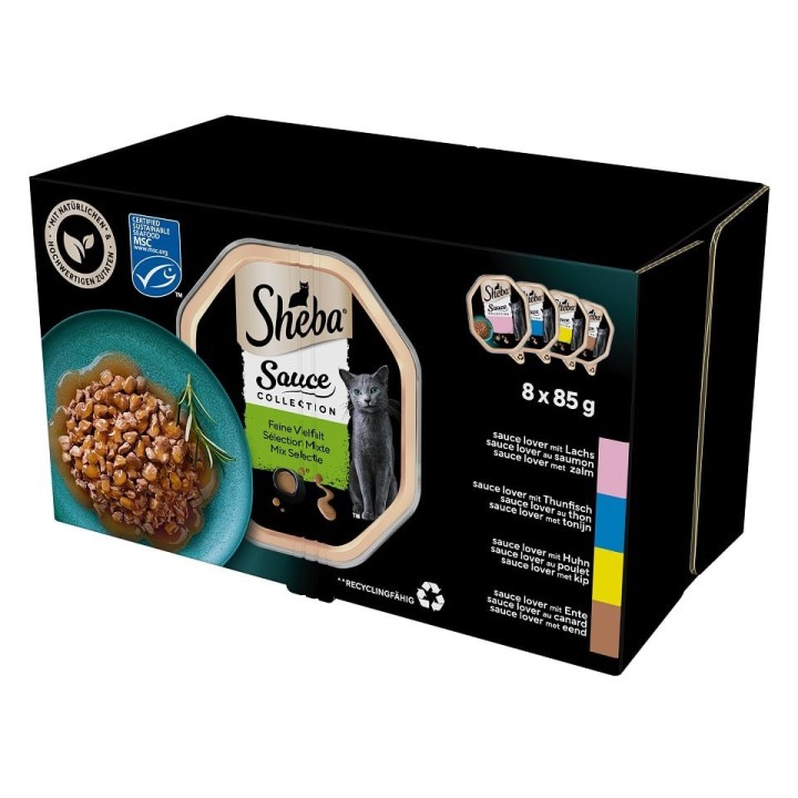 SHEBA Sauce Collection Mix 8x85 g: Nassvollnahrung für adulte Katzen mit Lachs, Thunfisch, Huhn und Ente in Sauce